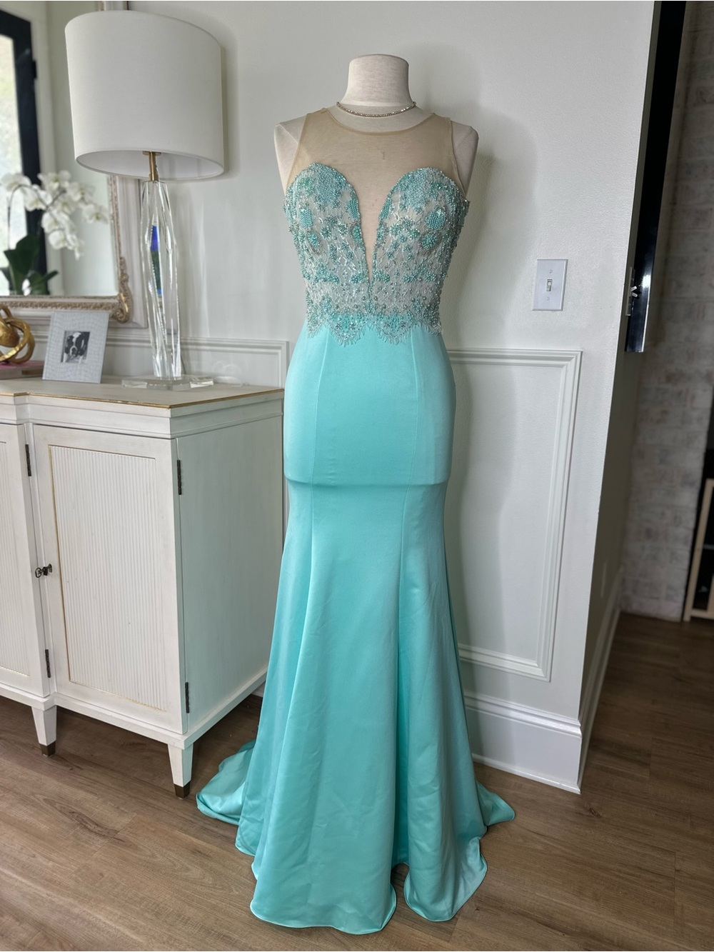 Angela & Alison Aqua Illusion Neck Mermaid Prom Dress